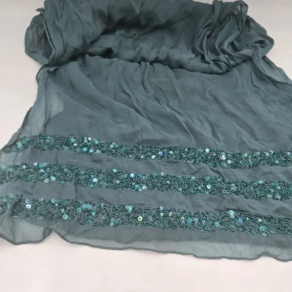Vintage Y2K Anne Klein Ladies Fine Silk Scarf Teal Blue Sequin 12